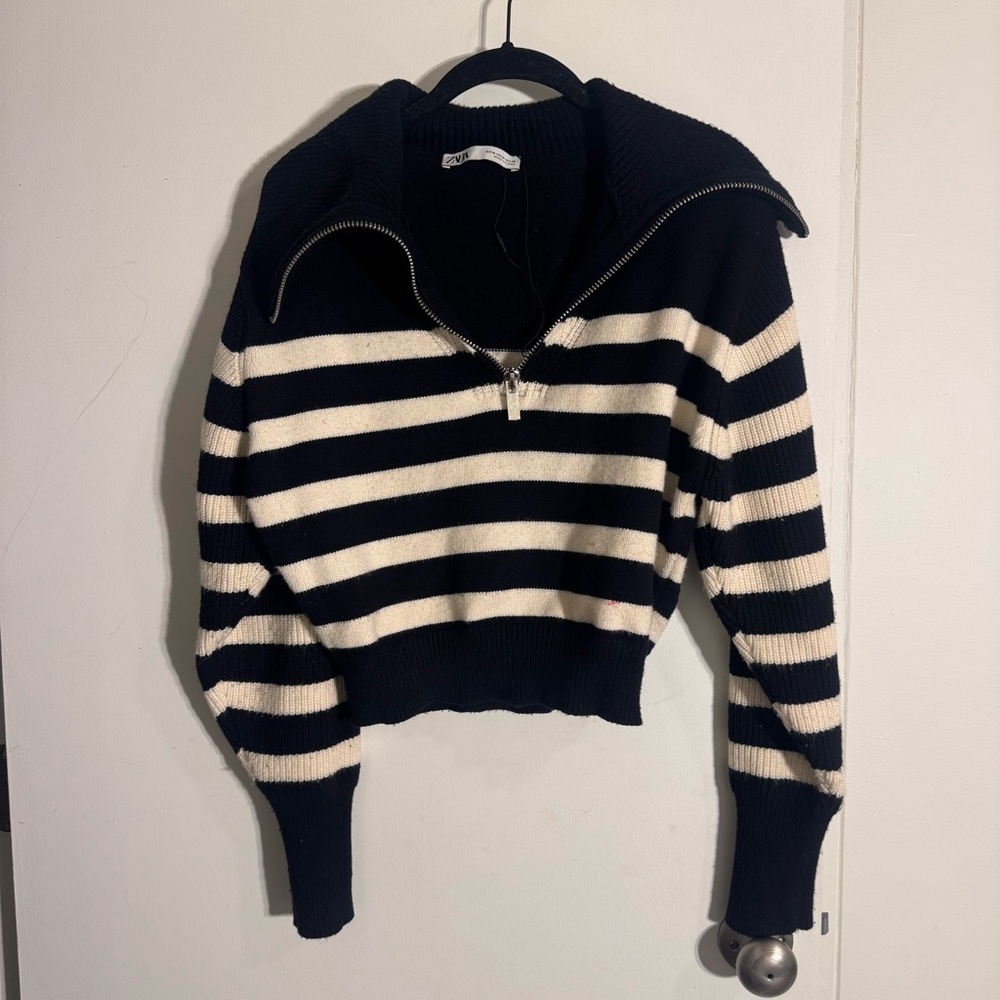 Zara Black and Cream Striped Turtleneck Sweater